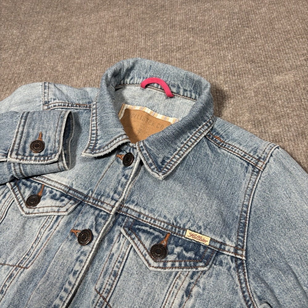 Vintage Hollister Jacket Womens S Blue‎ Denim Trucker Stretch Logo Surf Y2K 90s